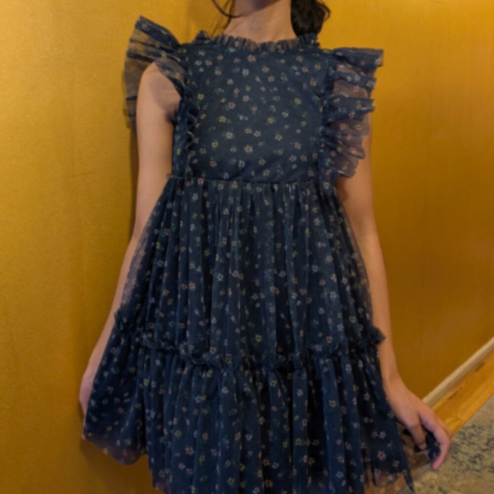 Beautiful Dark Teal Green Floral Girls Dress with Flutter Sleeves Size 14 (L)